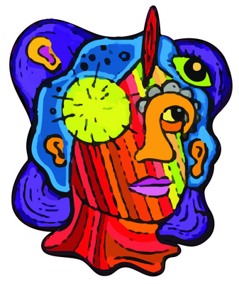 Synthetive brand identity — psychedelic face illustration