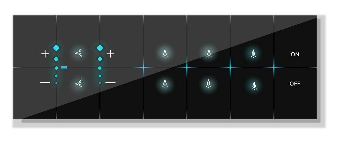 Dark panel — diamond LED indicators, geyser icons